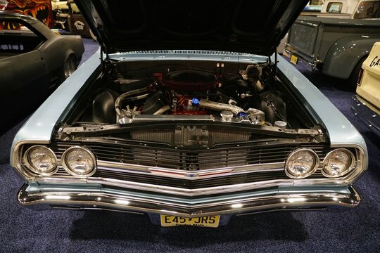 Philadelphia, Pennsylvania, U.S - January 14, 2024 - The front trunk of 1965 Chevrolet Chevelle Malibu