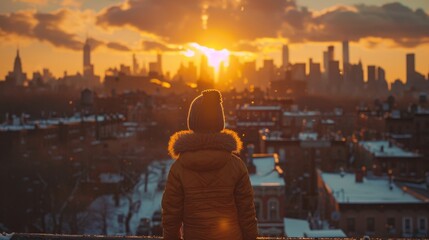 A solitary figure is silhouetted against the glowing sunset over a snow-dusted city skyline, a moment of urban tranquility and reflection.