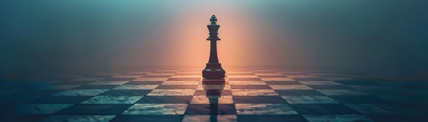 A single, glowing chess king standing tall on a minimalist board, symbolizing solitary leadership - obrazy, fototapety, plakaty