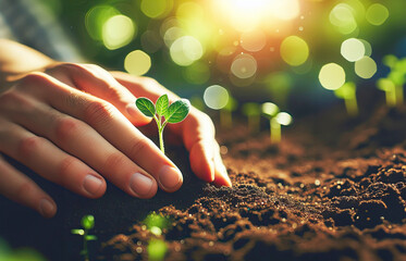 A caring human hand gently supports a tender young green plant in rich soil, symbolizing growth and eco-friendliness amidst glowing sunlight - obrazy, fototapety, plakaty