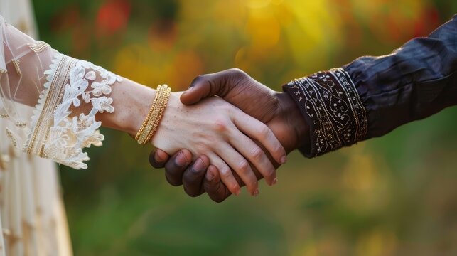 A close-up image capturing the essence of an intercultural wedding, with a couple holding hands, adorned with traditional wedding bangles and intricate clothing.