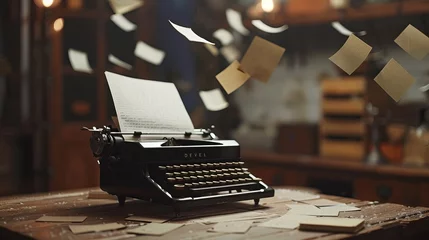 Fotobehang At the vintage writer's desktop, a classic typewriter takes center stage, surrounded by a flurry of flying sheets of paper © Marry