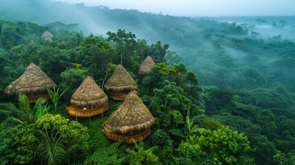 Misty morning view of traditional thatched huts nestled within the dense canopy of a lush tropical rainforest. - obrazy, fototapety, plakaty