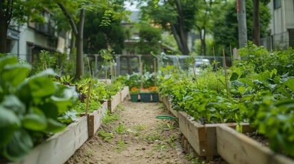 Pathway flanked by raised garden beds filled with healthy, green vegetables in an urban community garden setting.