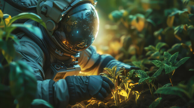 Astronaut farmers interacting with a holographic AI to strategize the planting on a new planet