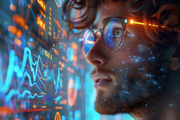 With a flick of his tablet, a cartoon man brings to life holographic graphs, illustrating market highs The scene, captured closely, showcases his optimistic gaze amidst the floating figures of growth