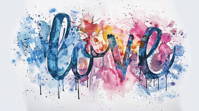 An abstract watercolor painting of the word "love" with vibrant splashes of color