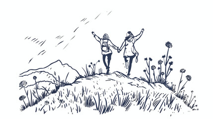Two friends rejoicing on the hill in nature holding 