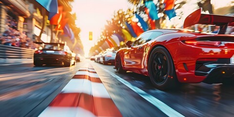 Exciting race with colorful flags cheering spectators and speeding cars creating a thrilling atmosphere. Concept Race cars, Spectators, Colorful flags, Thrilling atmosphere, Exciting atmosphere - obrazy, fototapety, plakaty