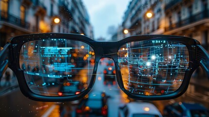 View through smart glasses with a holographic data overlay, providing an interactive augmented reality experience in an urban street setting.