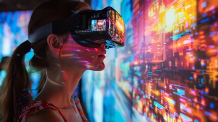 A woman engages with vivid digital landscapes through a virtual reality headset, reflecting vibrant lights.