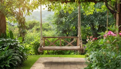 Obraz premium beautiful wooden cozy swing hanged with rope in a green home garden backyard with green plants and trees and relaxation morning spring light for home landscaping