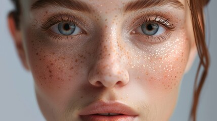 A striking close-up portrait of a woman with natural freckles, her skin glistening as if touched by morning dew. - obrazy, fototapety, plakaty