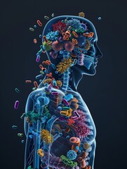 Highlight the role of the microbiome in training the immune system with diverse microbial communities shown in a compelling 3D x-ray artwork.