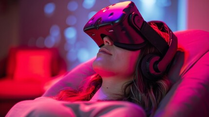Relaxed woman lying on a bean bag, fully immersed in a virtual reality headset, surrounded by ambient neon lighting.