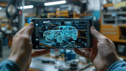 Hands holding a tablet displaying an augmented reality 3D model of a car in an industrial automotive manufacturing plant.