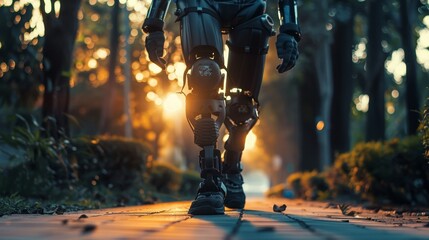 A humanoid robot takes a stride on a forest path, with the setting sun casting a warm glow through the trees. - obrazy, fototapety, plakaty