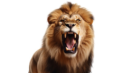 A majestic lion roars with its mouth wide open, displaying its powerful jaws and fangs