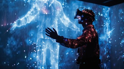 Obraz premium A person adorned with glowing attire is immersed in a virtual reality exploration, interacting with a digital universe that stretches out before them.