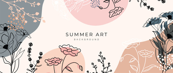 Fototapeta premium Abstract floral art background vector. Botanical hand drawn flower, foliage, poppy line art. Design illustration for wallpaper, banner, print, poster, cover, greeting, invitation, package.
