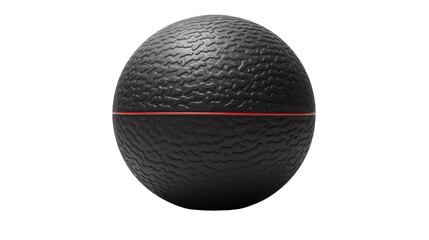 A black ball adorned with a striking red stripe, standing out against a dark backdrop