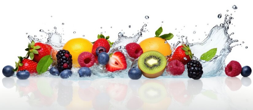 Assorted fruits such as oranges, apples, and grapes are being splashed with refreshing water droplets, creating a vibrant and refreshing image