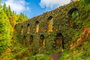 Discover the Muro das Nove Janelas, a mysterious moss-covered aqueduct nestled in the lush forests of Sao Miguel, a relic of Azorean history. - 766508555