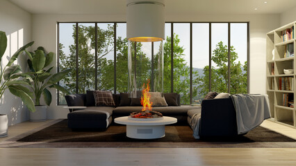 Large luxury modern bright interiors Living room mockup illustration 3D rendering image - 766508577