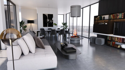 Large luxury modern bright interiors Living room mockup illustration 3D rendering image - 766508591