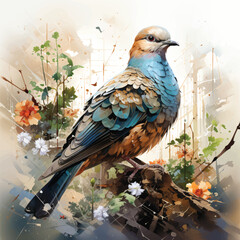 Mourning Dove forest floral, watercolor clipart 