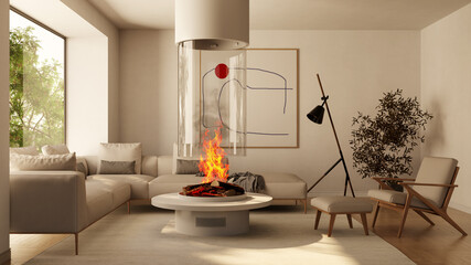 Large luxury modern bright interiors Living room mockup illustration 3D rendering image - 766508737