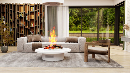Large luxury modern bright interiors Living room mockup illustration 3D rendering image - 766508759