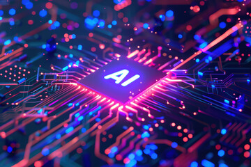 Artificial intelligence micro chip with text on chi. pCrcuit board with a glowing square in the center displaying AI