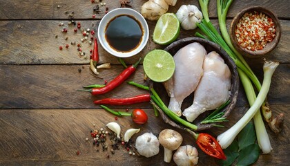 Chicken and Asian food ingredients on a wooden table ginger lime chili pepper - obrazy, fototapety, plakaty