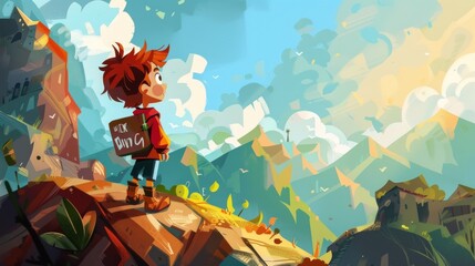 A vibrant cartoon image of a young adventurer standing atop a hill overlooking a picturesque valley