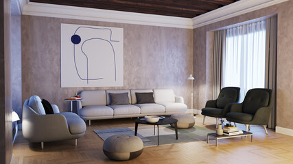 Large luxury modern bright interiors Living room mockup illustration 3D rendering image - 766509172
