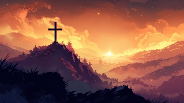 A digital art piece featuring a cross on a hilltop at sunset
