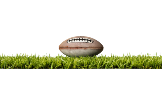 A football basking atop a vibrant green field