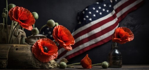 American flag and a poppy flowers with Memorial Day Remember and Honor background - obrazy, fototapety, plakaty