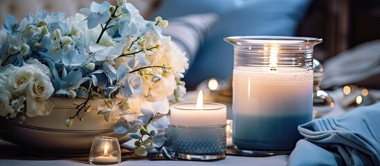 Arranged on a wooden table are fragrant candles and vibrant flowers next to a pitcher - obrazy, fototapety, plakaty