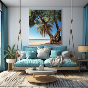 A modern swing in a room in a tropical paradise