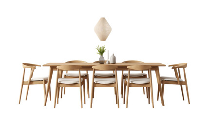 A grand dining table set with six elegant chairs and a beautiful vase in the center