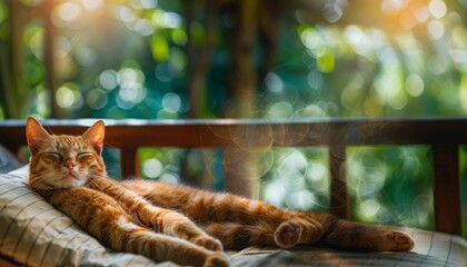A cat basks in the warmth of the sun on a cozy outdoor porch