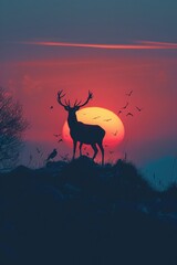 Silhouette of minimalist animals such as deer or birds against a sunset sky.