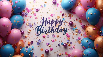 Colorful birthday balloons with confetti. Generative AI