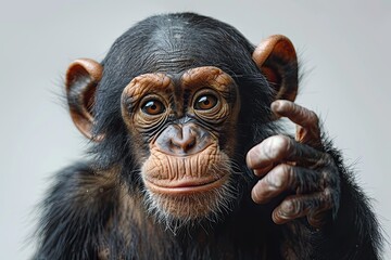 Chimpanzee pointing with a knowing gaze. Generative AI - obrazy, fototapety, plakaty