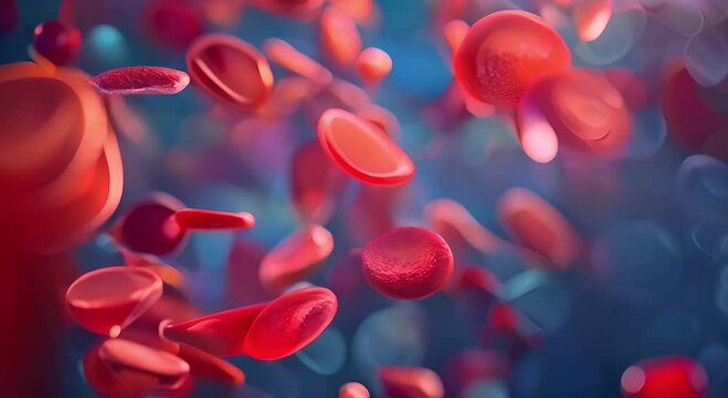 Under a microscope Red blood cells circulating in blood veins on a blue background. Health, medical science, circulatory system