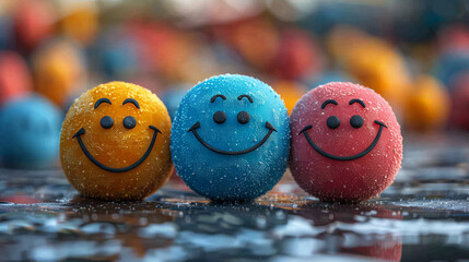 Colorful smiley face balls, expressions of joy and positivity. Vibrant, playful characters, positive psychology. Water droplets add a fun touch. Optimistic mood symbols - obrazy, fototapety, plakaty