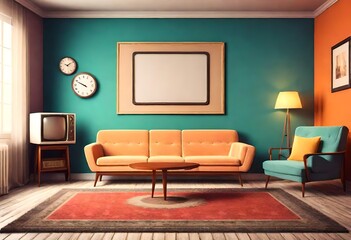 Vintage interior of living room with couch, armchair, clock and tv on stand. retro lounge with television screen, carpet, lamp and picture frames on colorful wall