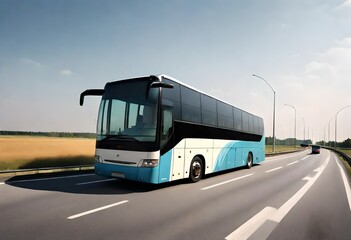 An intercity large and spacious bus travels along the highway - obrazy, fototapety, plakaty